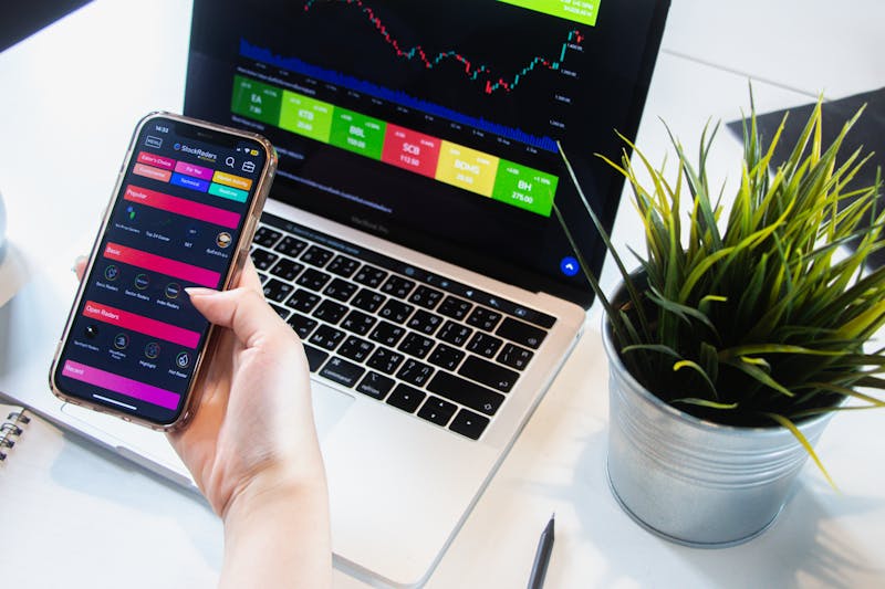 Freelancer managing income and expenses using AI finance app on laptop