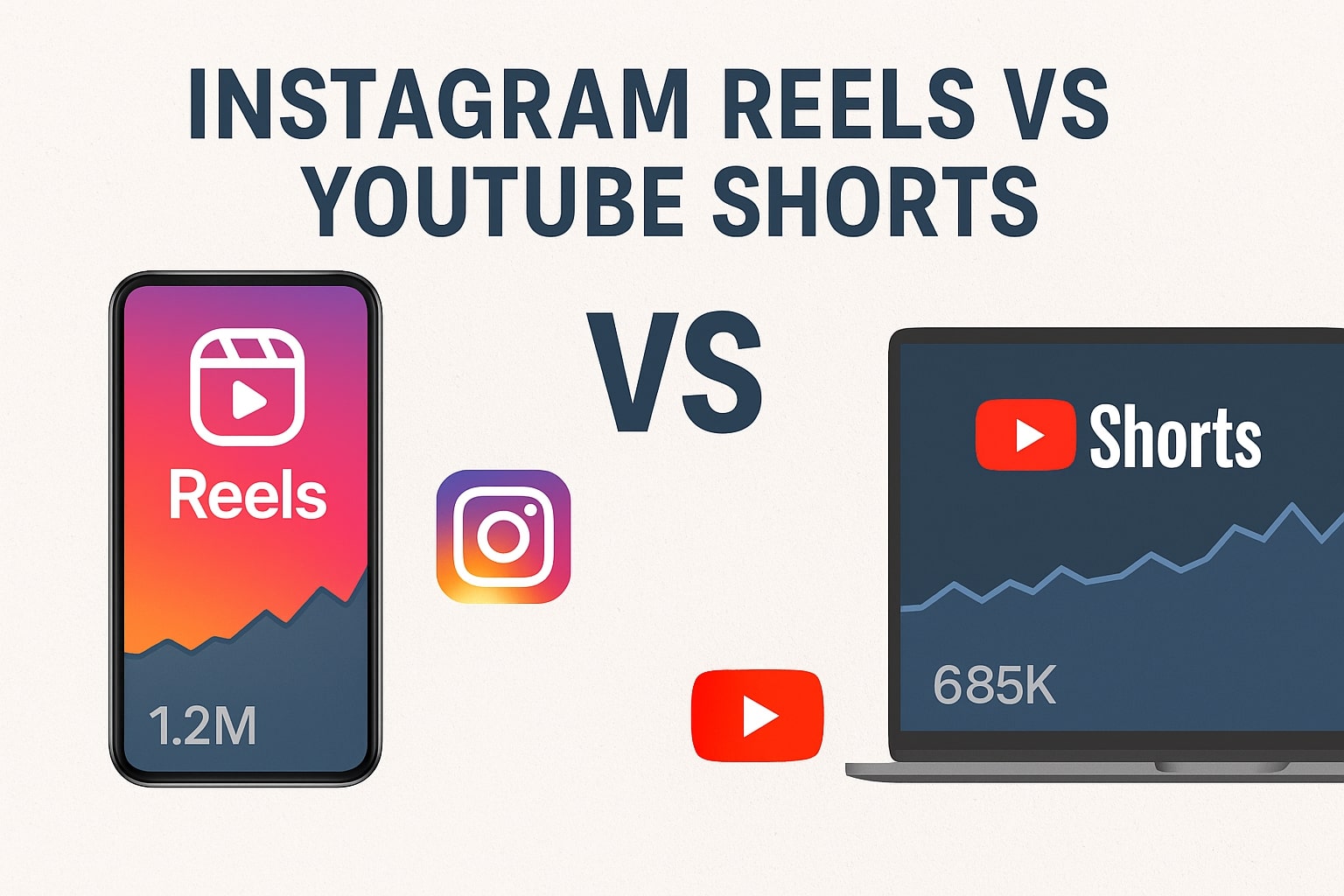 Content creator comparing Instagram Reels and YouTube Shorts analytics on smartphone and laptop